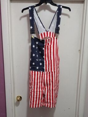 American Flag Star & Stripe Short Overalls - Red, White, Navy Large